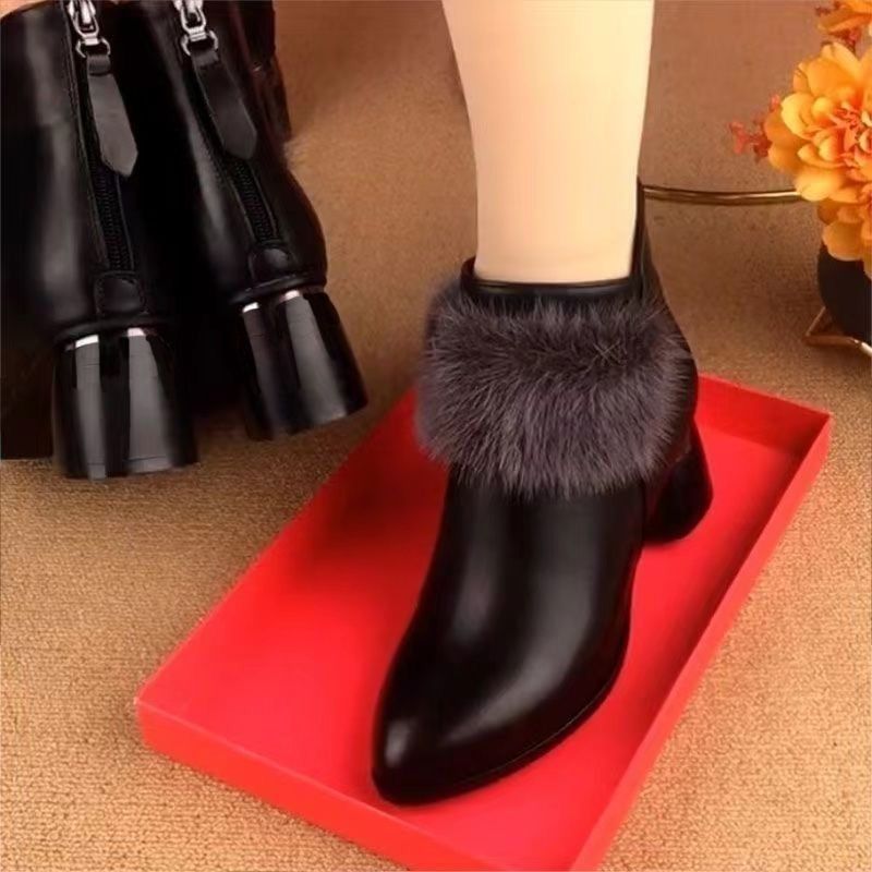 botas de pele quentes de salto médio